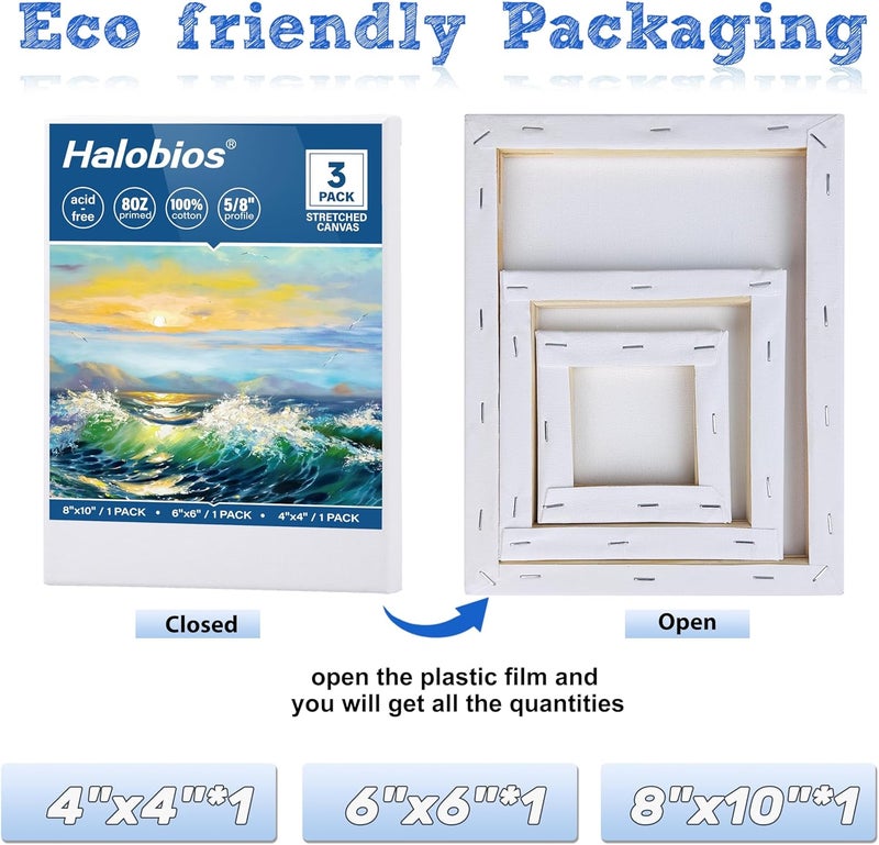 Halobios لوحات قماشية مشدودة للرسم بأحجام 4×4 بوصة، 6×6 بوصة، 8×10 بوصة، 3 عبوات من اللوحات القماشية الفارغة للرسم بالأكريليك والزيوت ووسائط الرسم الأخرى، بروفايل 5/8 بوصة قماش فني 100% قطن مؤطر - Image 2